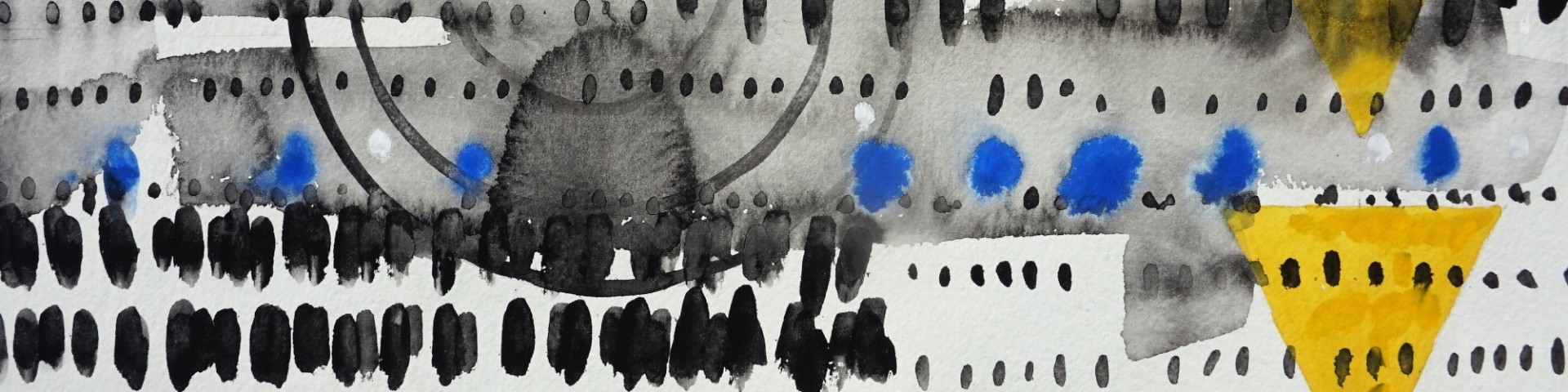 Abstract painting, slavery banner image (black dots, blue dots, yellow triangles)