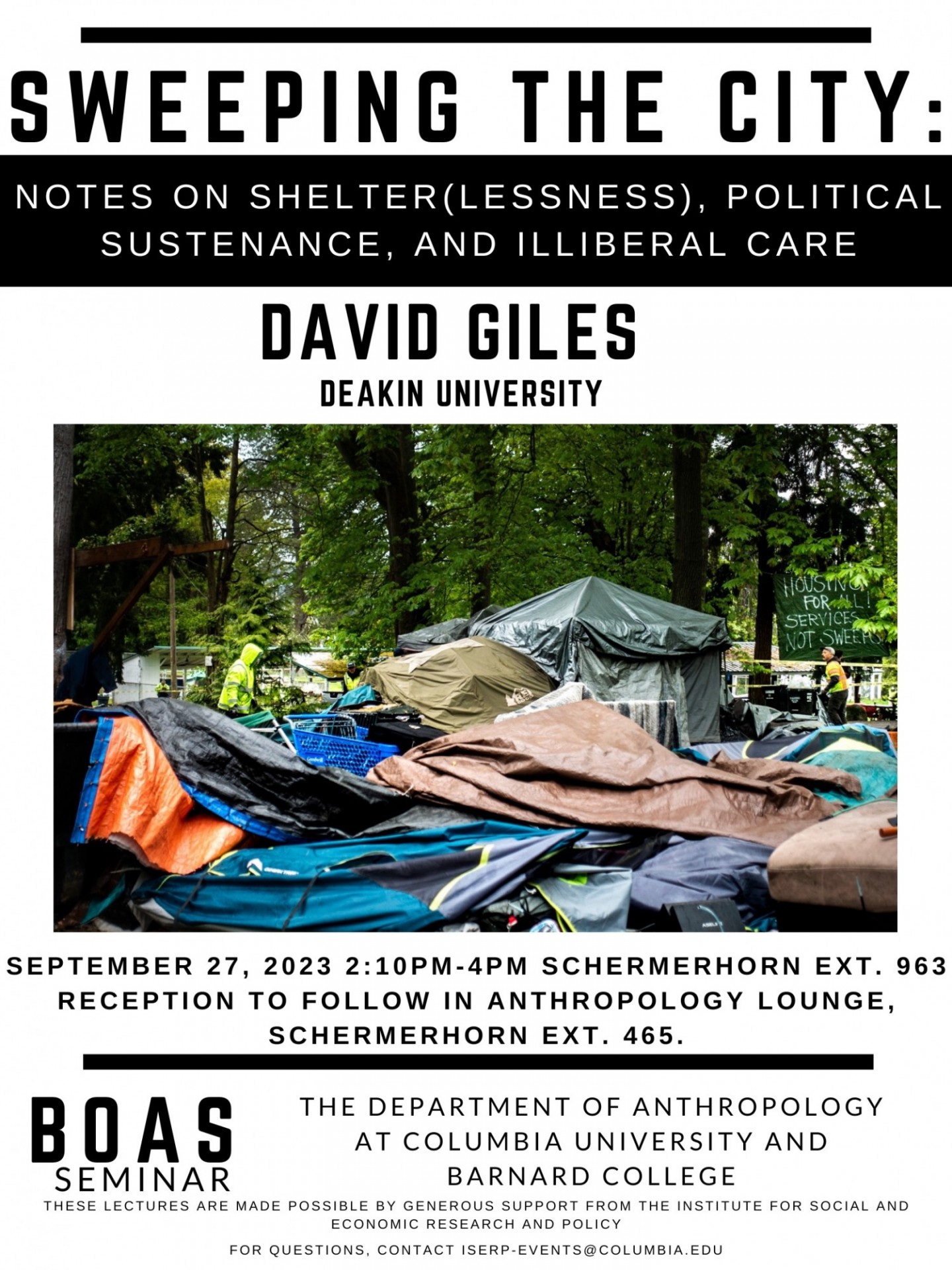 Poster for: BOAS Seminar: David Giles, 'Sweeping the City: Notes on Shelter(lessness), Political Sustenance, and Illiberal Care'