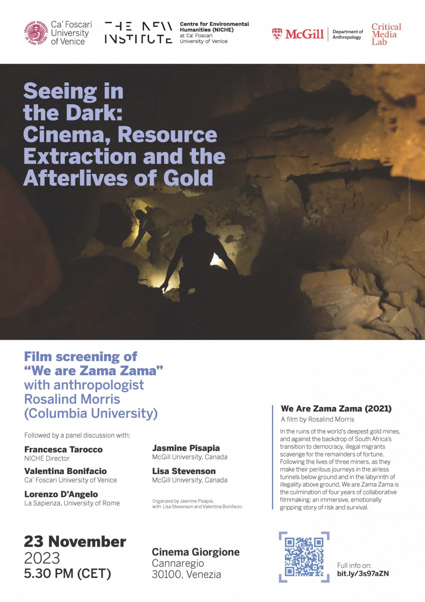 Poster for film screening event: 'Seeing in the Dark: Rosalind Morris on Cinema, Resource Extraction and the Afterlives of Gold, with Rosalind Morris'