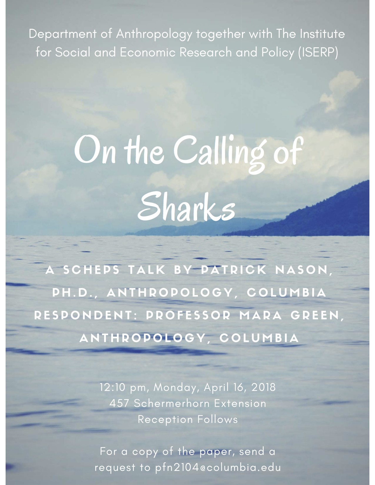 Event Poster for Patrick Nason's "On the Calling of Sharks"