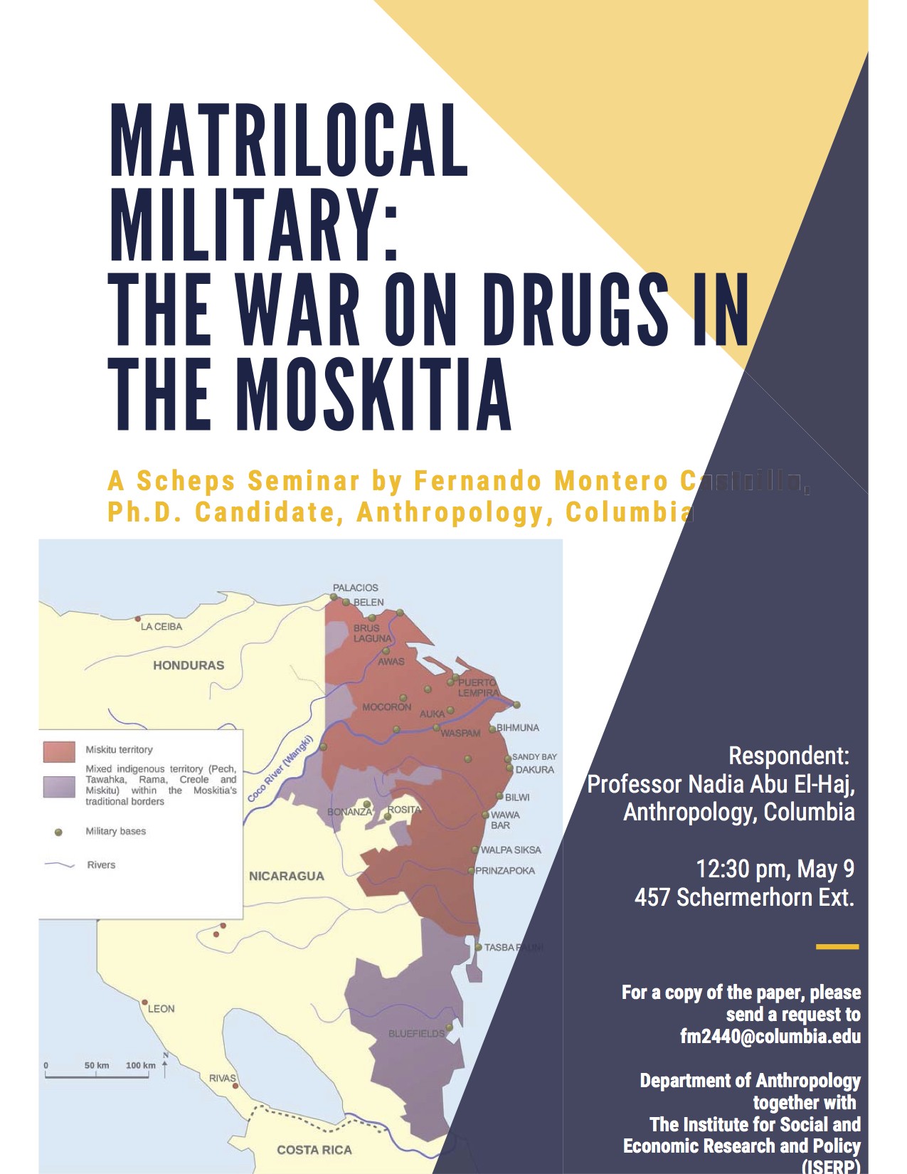 Event poster for Fernando Montero Castillo's "Matrilocal Military: The War on Drugs in the Moskitia"