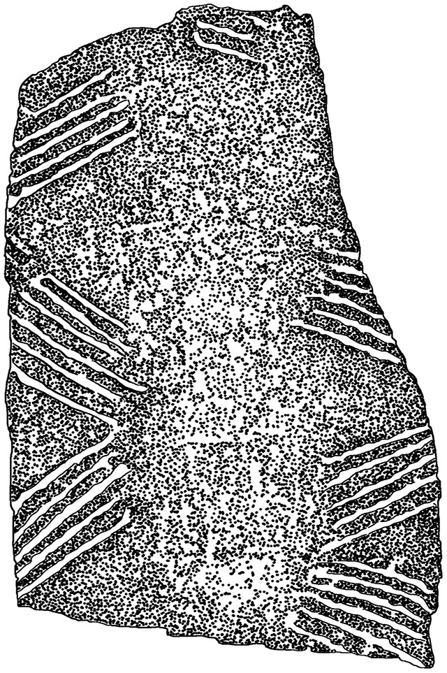 Incised animal rib bone from Shuqba (1928) (drawn by Zoë Crossland from photo in Garrod, 1942: Plate IV, no scale provided).