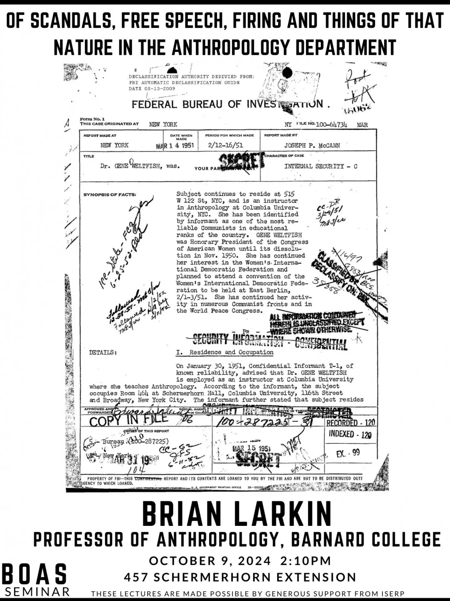 Poster: 'Of Scandals, Free Speech, Firing and Things of that Nature in the Anthropology Department'