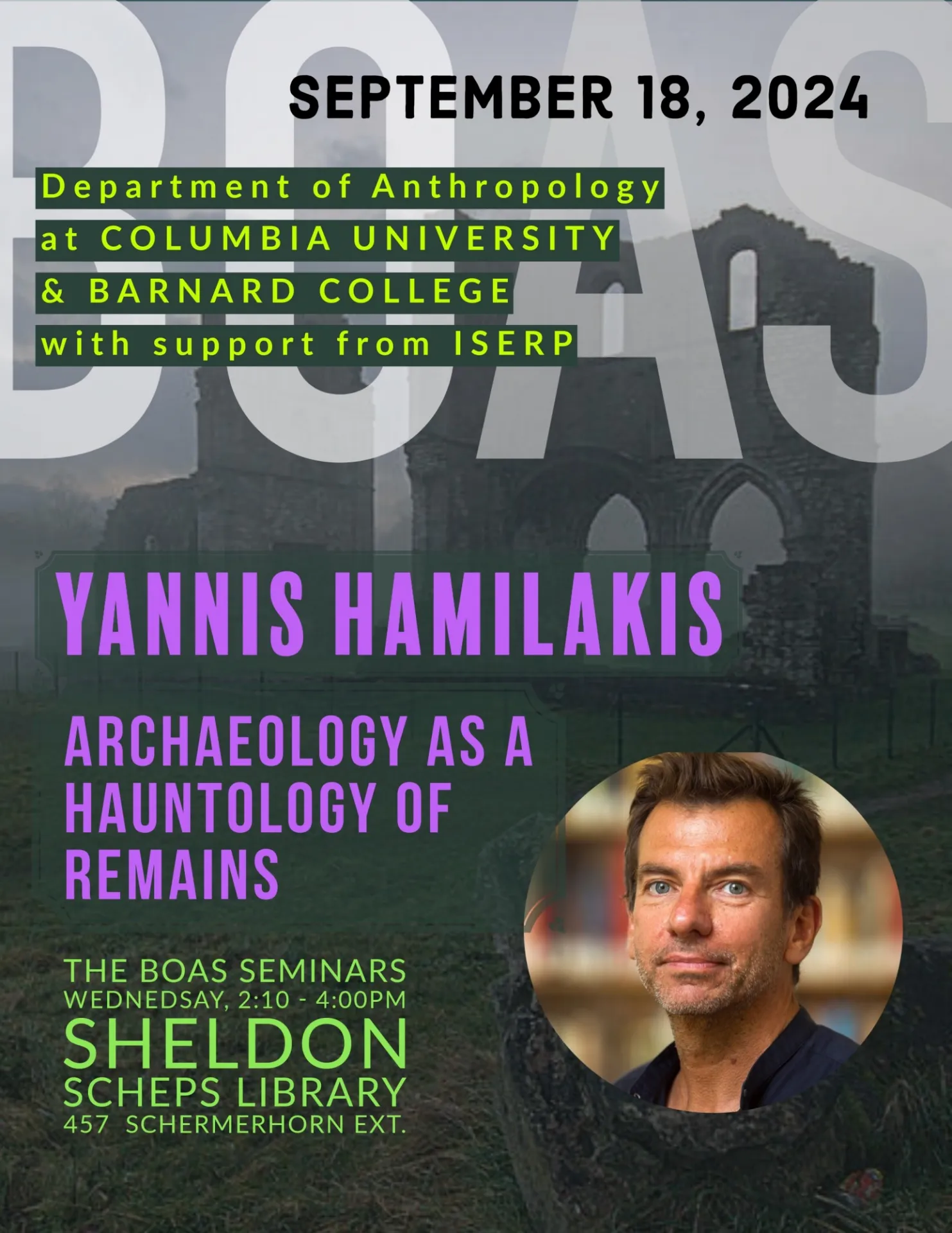 Poster, Yannis Hamilakis (Brown), "Archaeology as a Hauntology of Remains' (picture of Yannis Hamilakis)