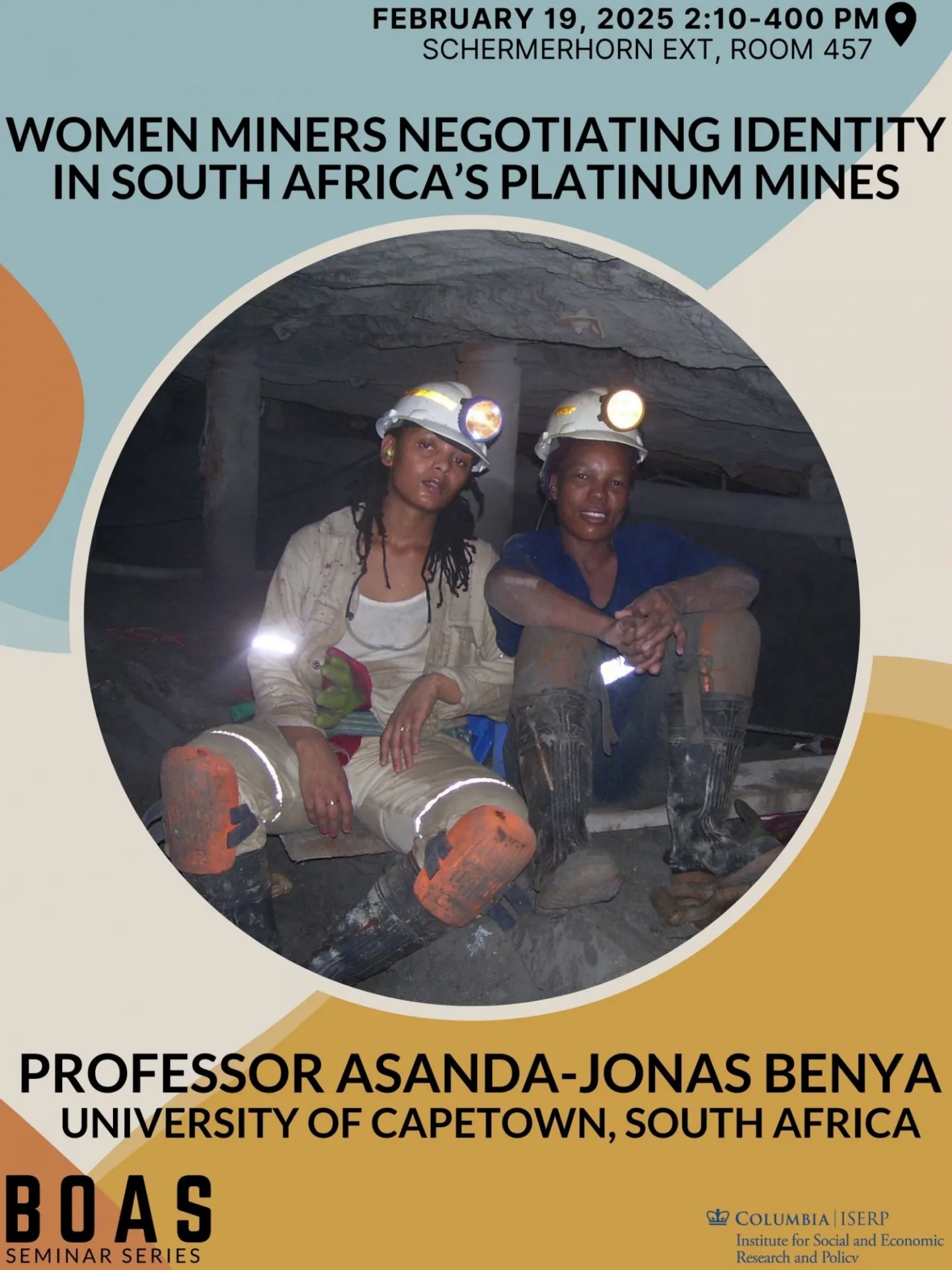 poster: Boas seminar, Asanda Benya, 'Women Miners Negotiating Identity in South Africa's Platinum Mines