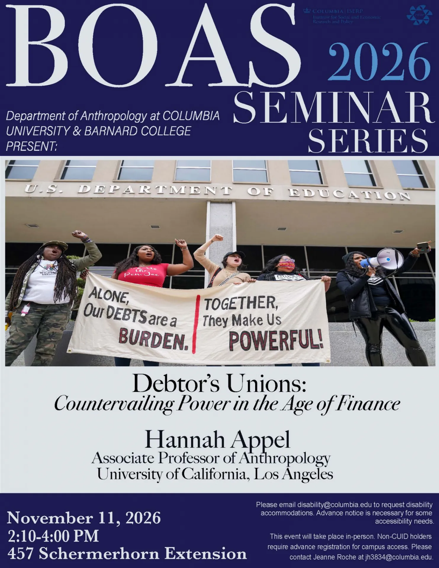 Boas flyer: Hannah Appel 'Debtors' Unions: Countervailing Power in the Age of Finance'