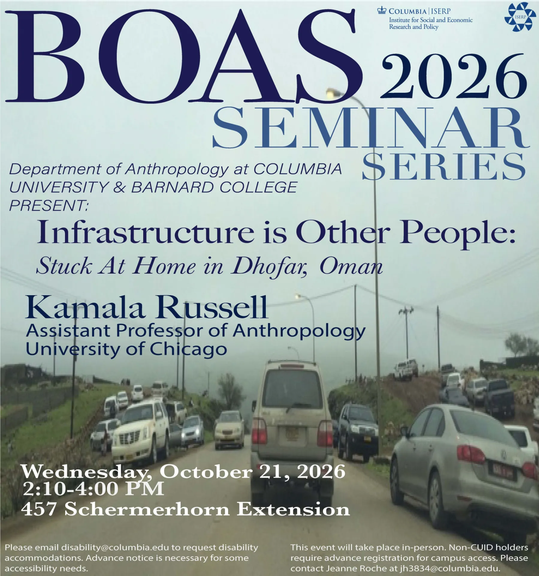 Boas Seminar flyer Kamala Russell 'Infrastructure is Other People: Stuck At Home in Dhofar, Oman'