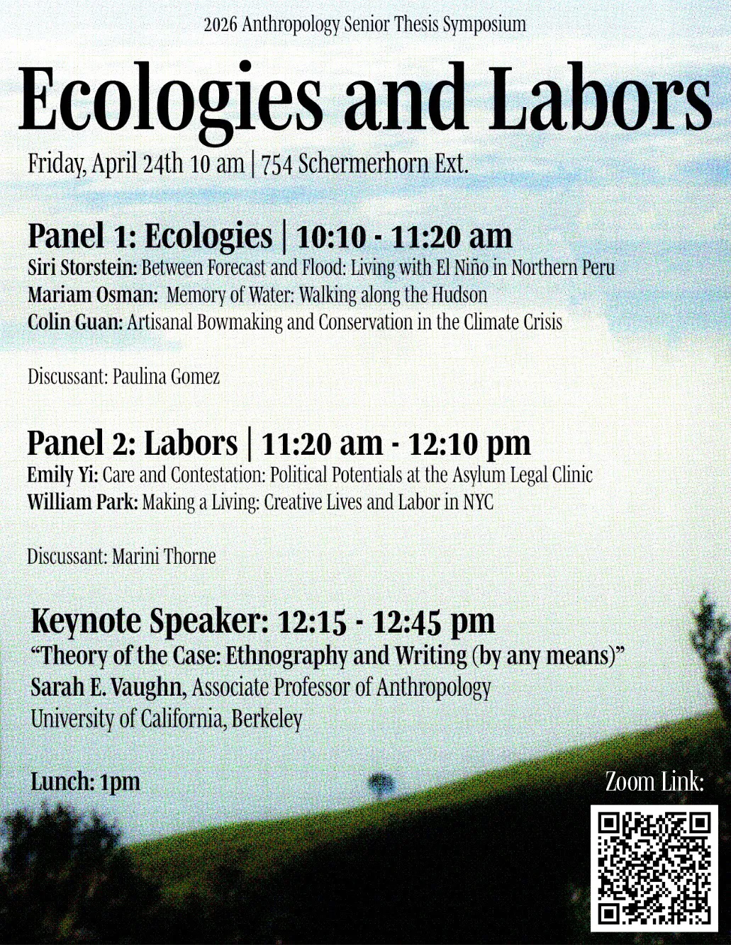 Ecologies and Labors Senior Thesis Symposium Flyer