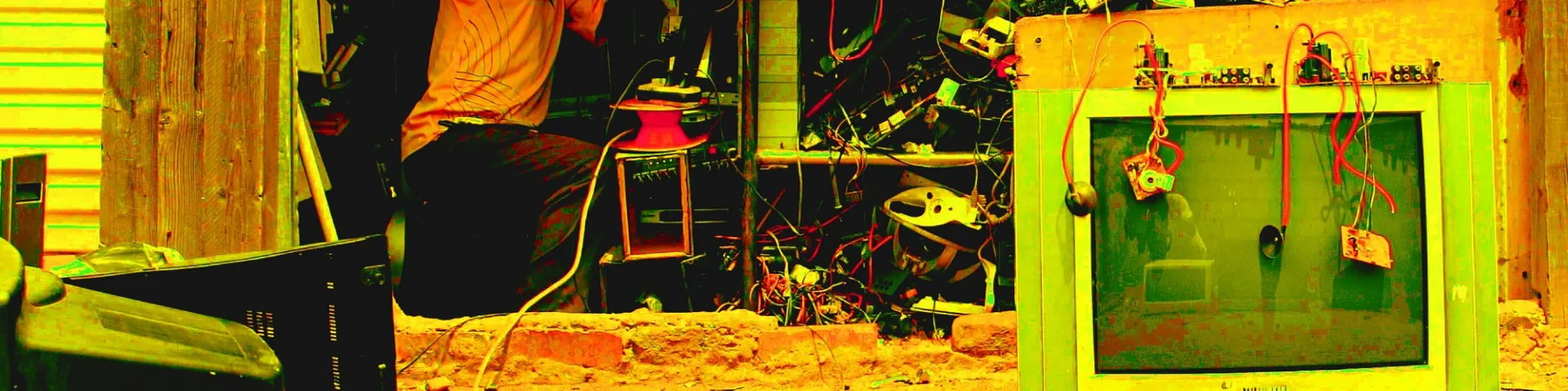 Colorized still from 'We are Zama Zama' with tv repair shop