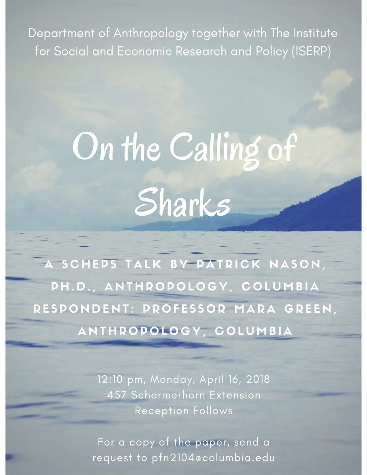 Event Poster for Patrick Nason's "On the Calling of Sharks"