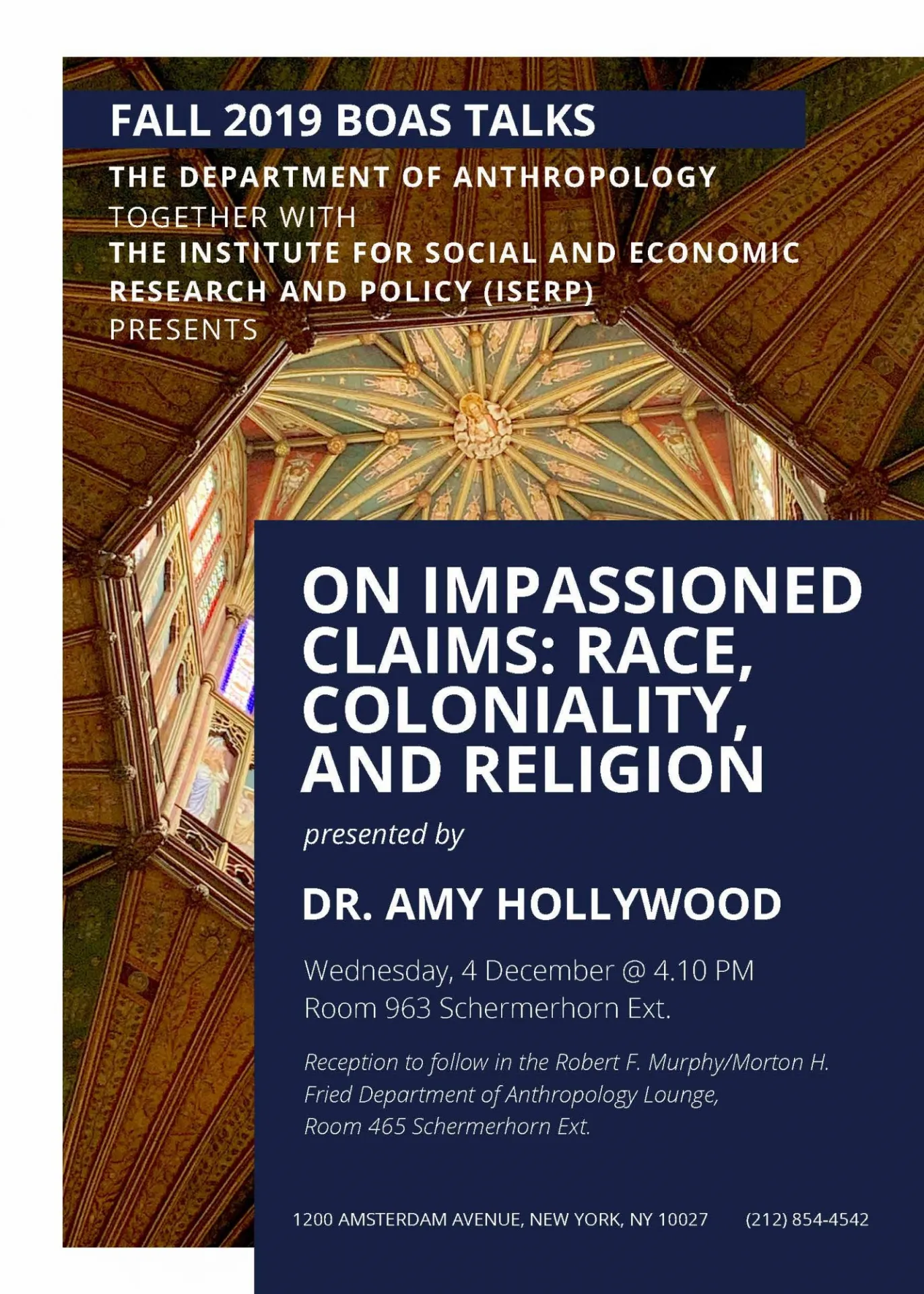 Poster with image of cathedral ceiling and text with information about the lecture.