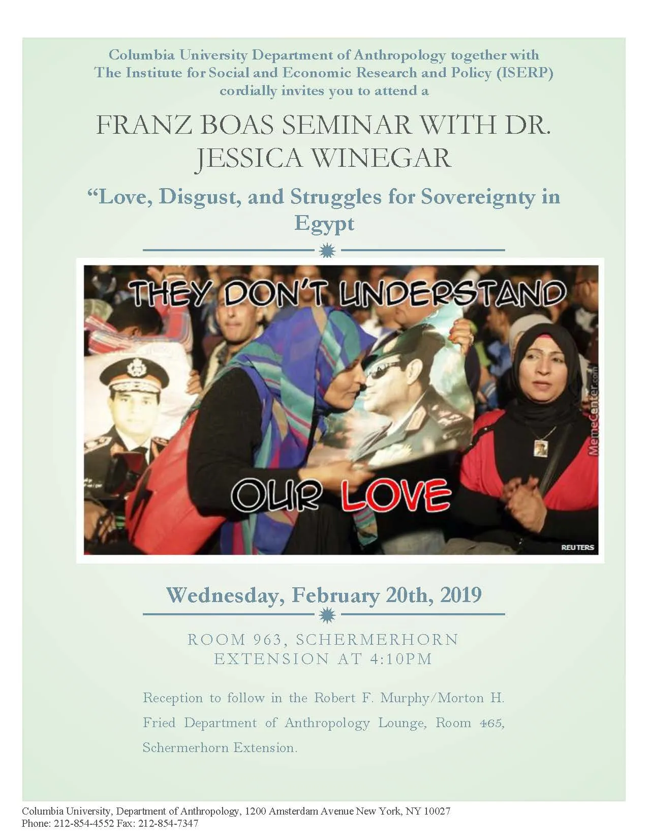 Event Poster for Jessica Winegar's "Love, Disgust, and Struggles for Sovereignty in Egypt"