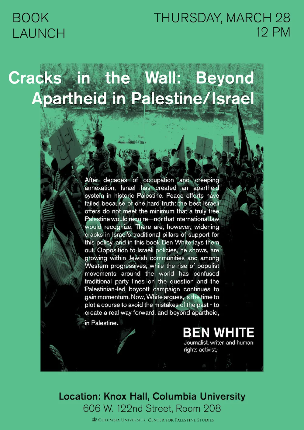 Poster for the event with text description over a picture of a protest.