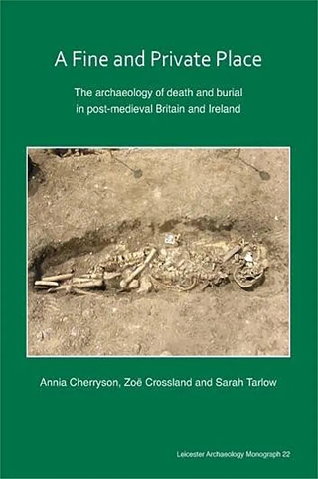 Book cover showing a green background with a centered image of a collection of uncovered skeletal remains. 