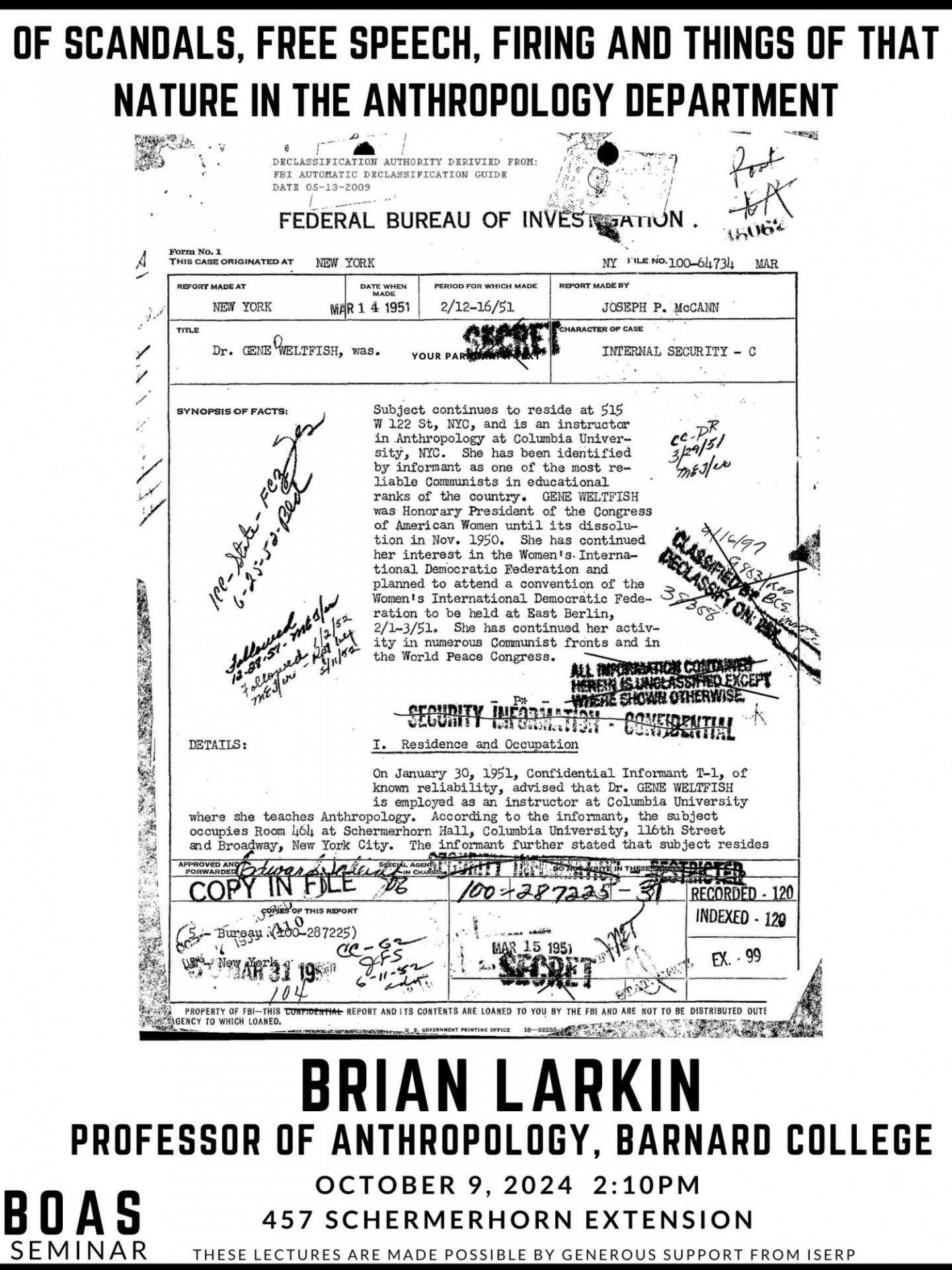 Poster: 'Of Scandals, Free Speech, Firing and Things of that Nature in the Anthropology Department'
