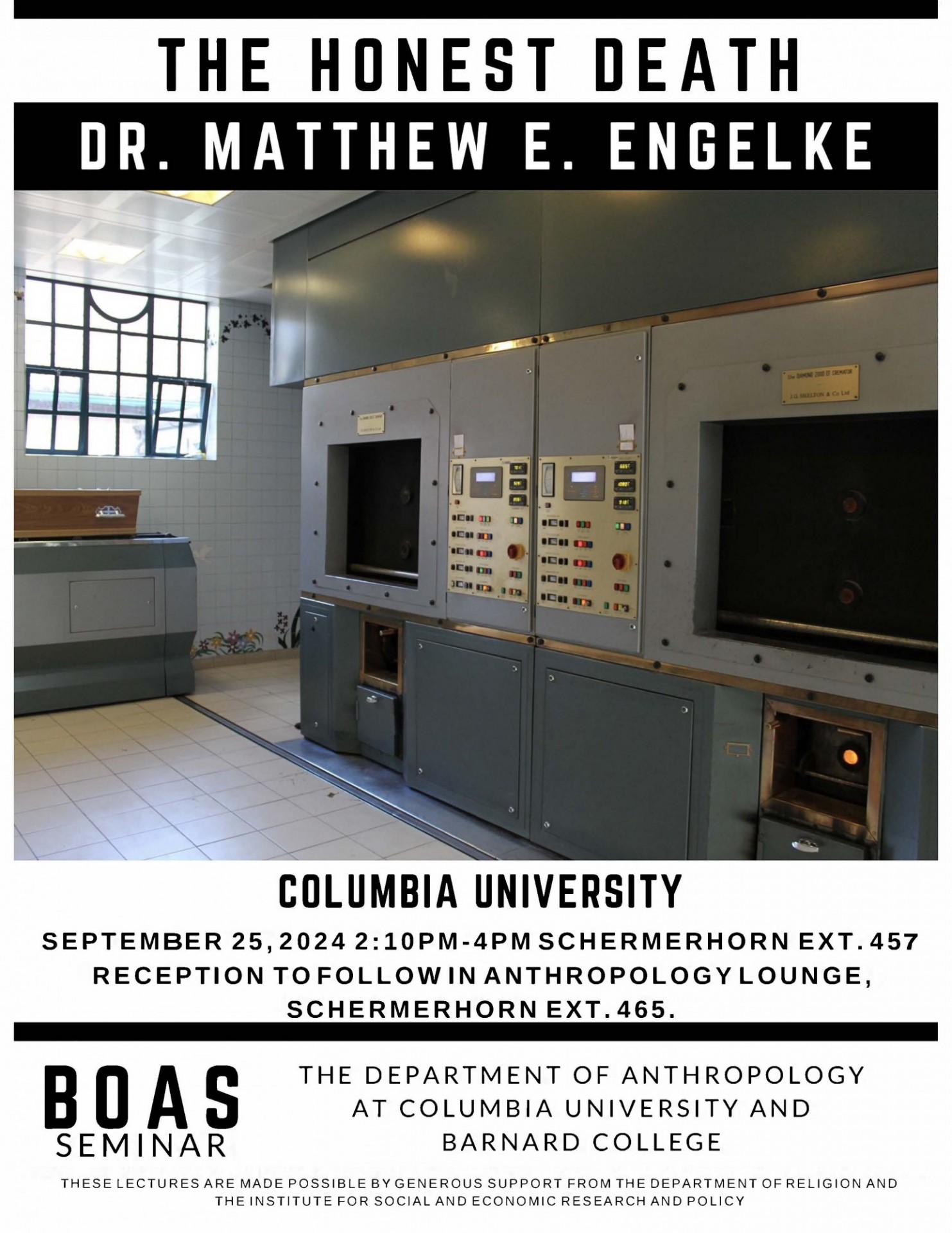 Boas seminar poster: Matthew Engelke, The Honest Death. Image of computer bank (retro)