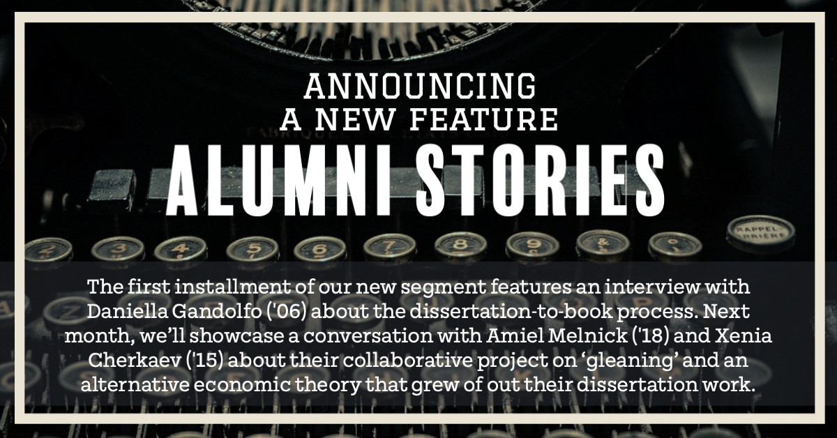 Card: Announcing a New Feature: Alumni Stories, on typewriter background