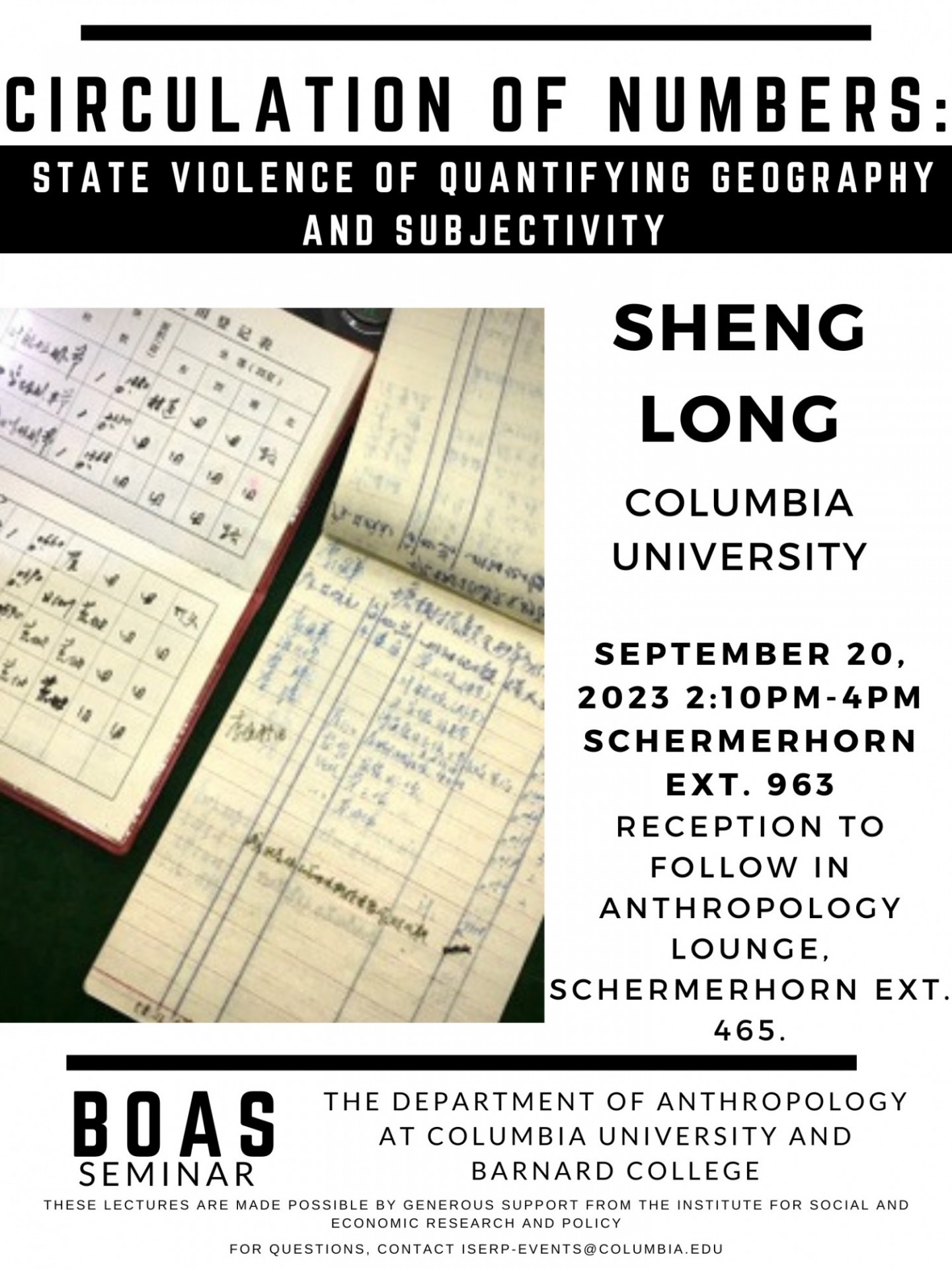 poster for BOAS Seminar, Sheng Long: 'Circulation of Numbers: State Violence of Quantifying Geography and Subjectivity'