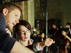 Rosalind Morris consults with cameraman, Philippe Leonard, while directing a workshop video of the opera 'Cities of Salt' @ John Pemberton