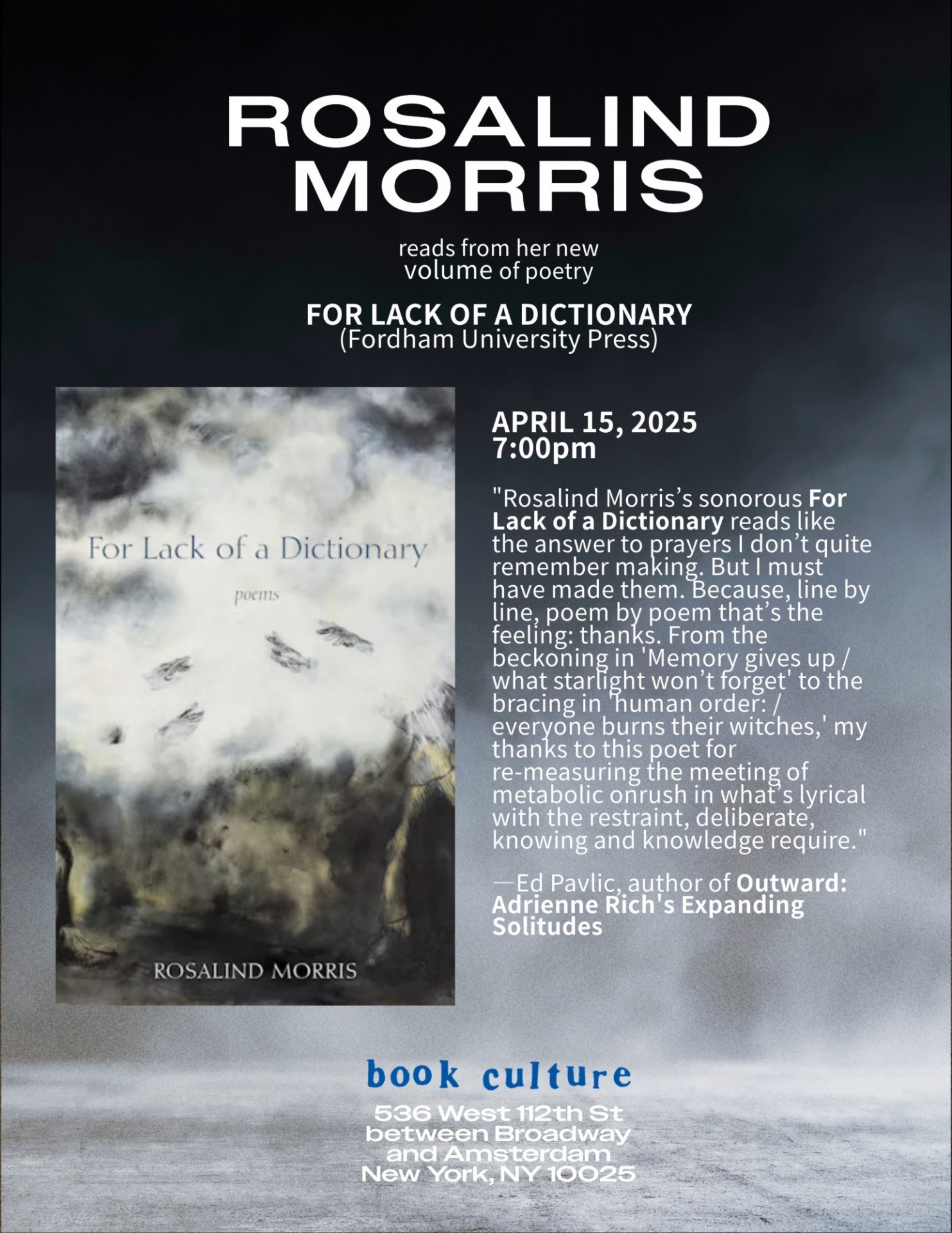 Poster, Book Launch: Rosalind Morris reads from her new volume of poetry, 'For Lack of a Dictionary'