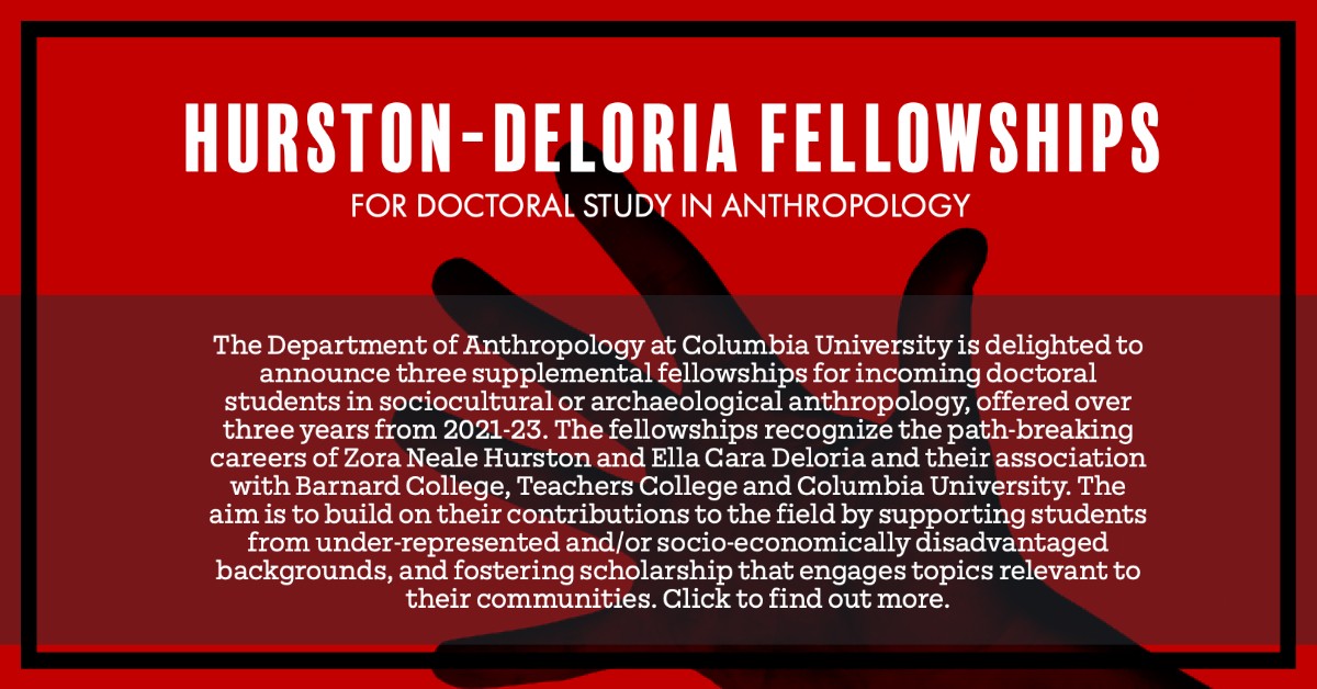 Hurston-Deloria Fellowships for Doctoral Study in Anthropology, red on black, with hand