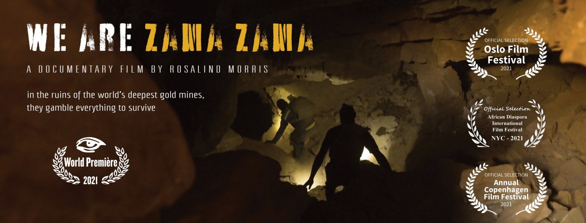 Poster of We are Zama Zama, with miners in pit and laurels