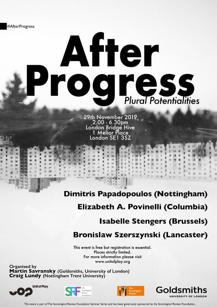 Poster for "After Progress: Plural Potentialities" featuring graphic text and black and white image.