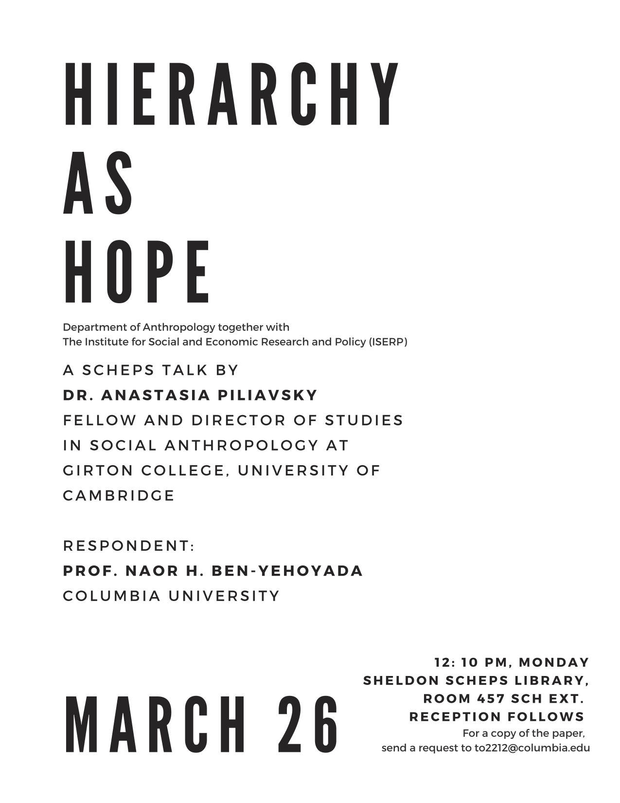 Event poster for Anastasia Piliavsky's "Hierarchy as Hope"