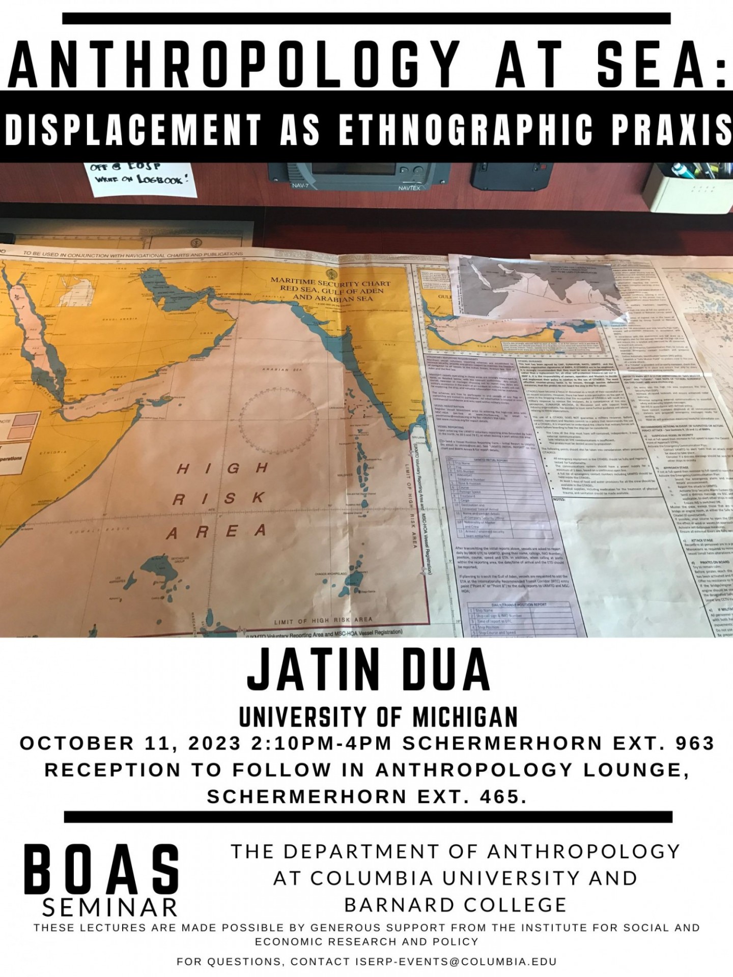 poster for BOAS Seminar: Jatin Dua, 'Anthropology at Sea: Displacement as Ethnographic Praxis'