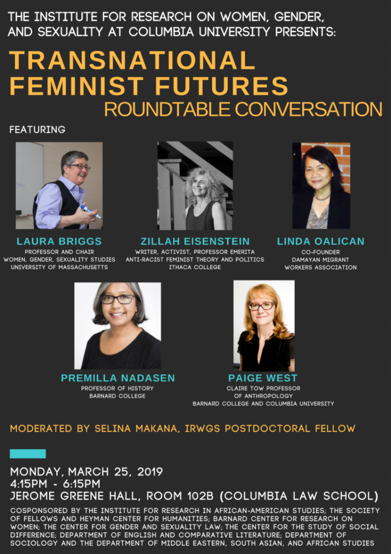 Transnational Feminist Futures Poster advertising the event featuring headshots of each of the speakers.