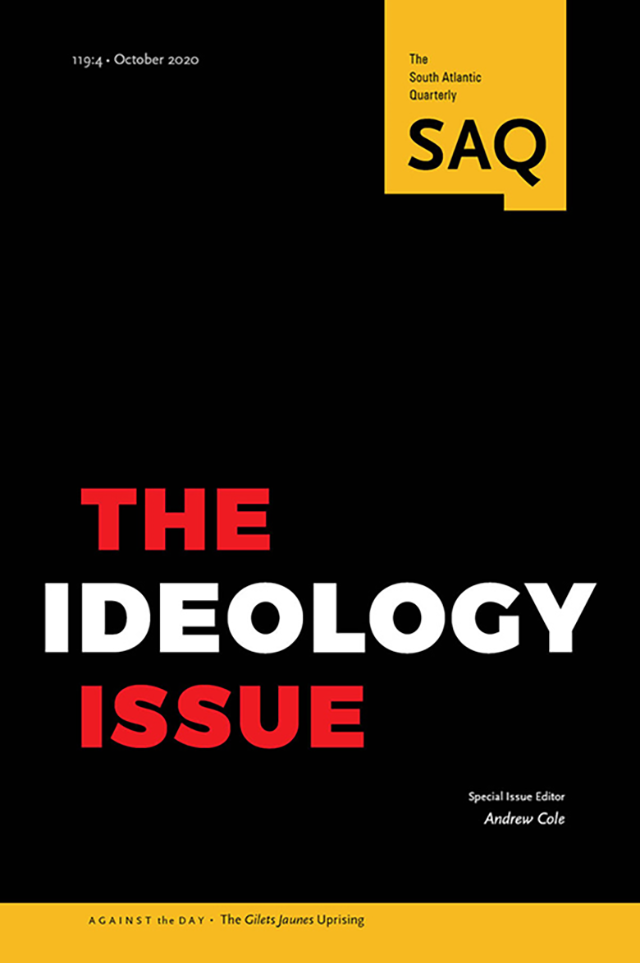 Black background with red and white writing of the title "the ideology issue"