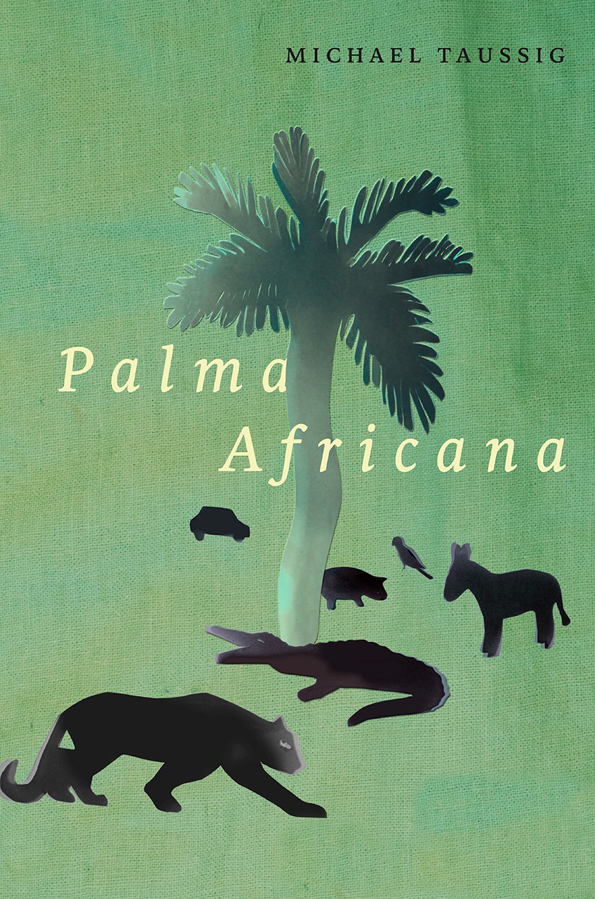 Book cover showing a green cover overlaid with an artistic rendition of a palm tree and some animals.